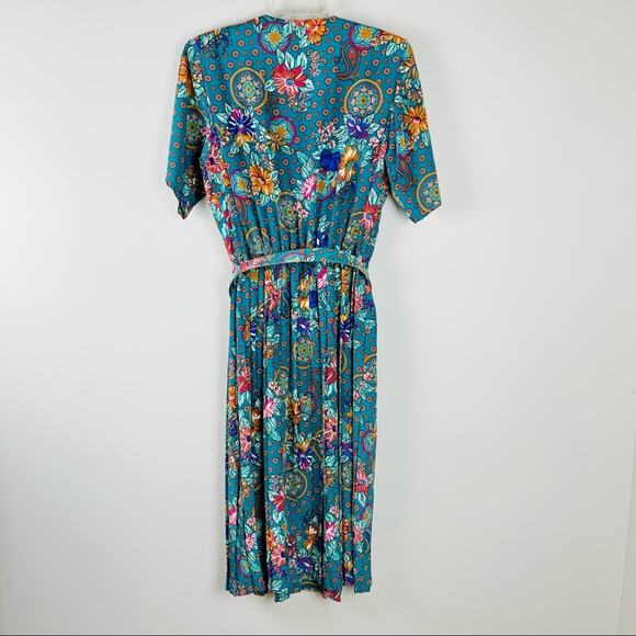 Vintage green purple floral 80s pleated belted button boho office midi dress 12 - Picture 9 of 9